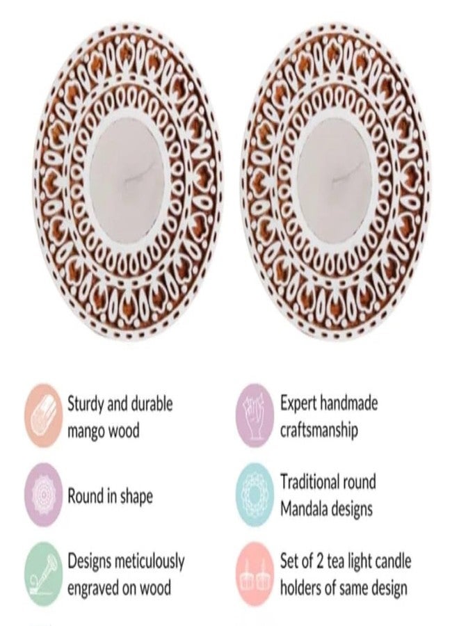 Goyoham - Pack of 2, Premium Wooden Candle Holders with Circular Mandala Pattern | White and Brown | Home Decor and Gifting - Image 5